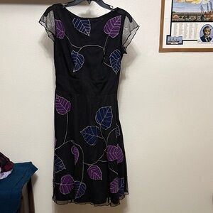 EShakti Black Midi Fit Flare Tulle Dress Purple Leaf Embroidery NWOT Sz 8 custom